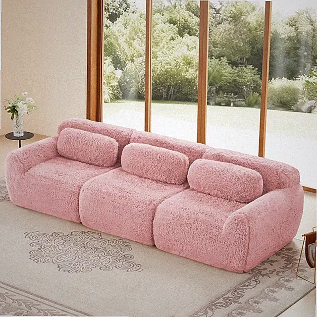 Modular Sectional Sofa w/ Ottoman & Pillows, Plush Pink Fabric