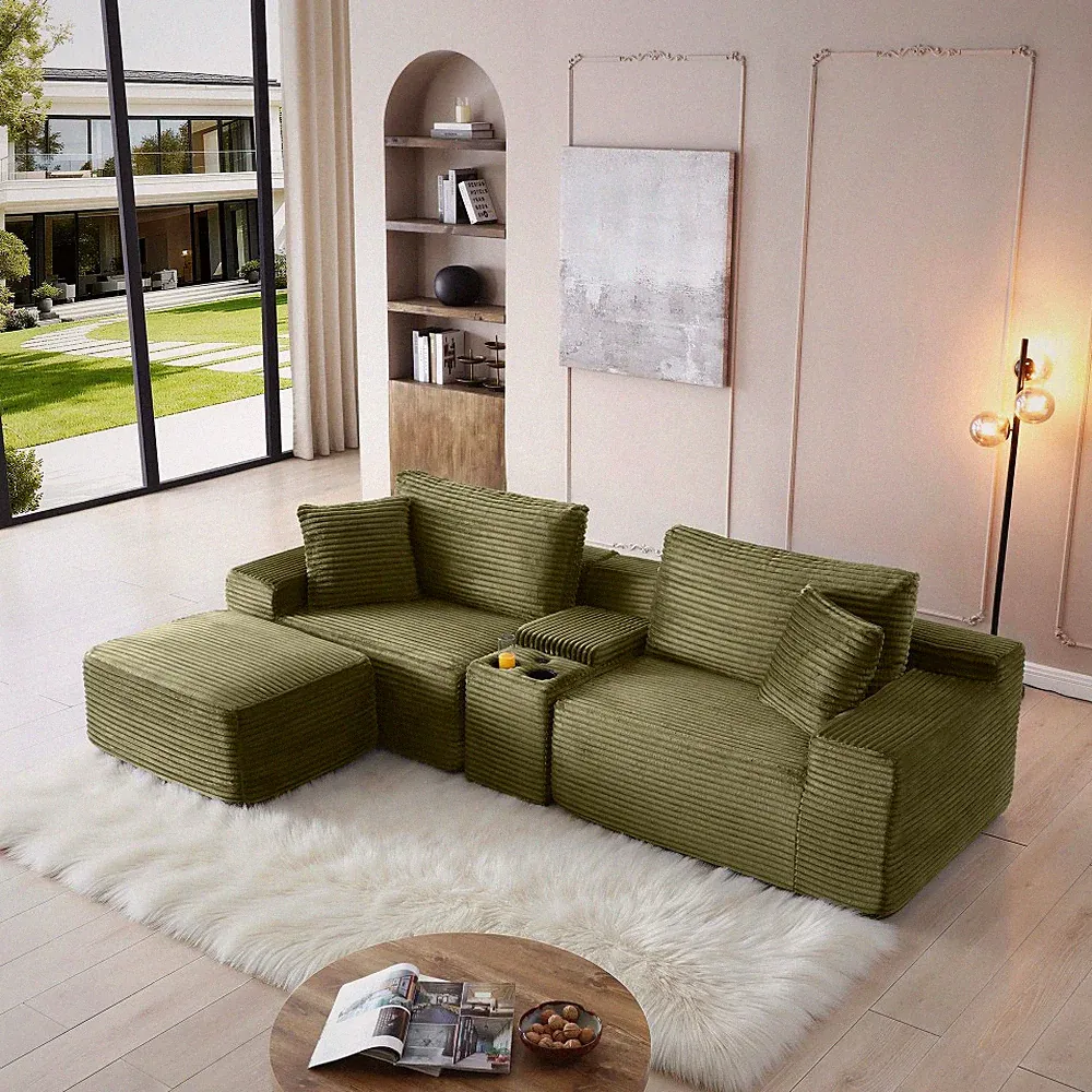 Modular Sectional Sofa w/ Ottoman, Sleeper, USB & Storage, Corduroy, Green