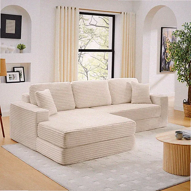 Modular Sectional Sofa w/ Queen Bed, L-Shape, Corduroy Fabric, Beige