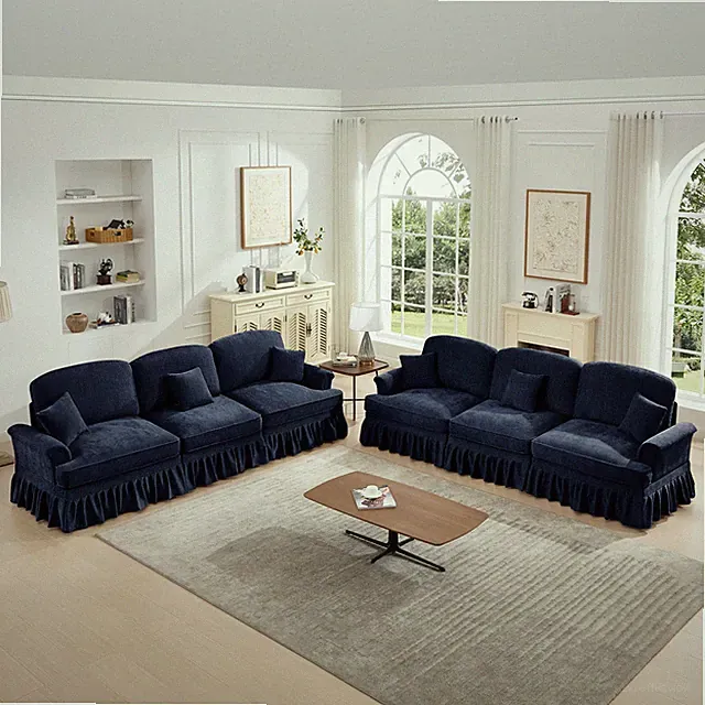 Modular Sectional Sofa w/ Removable Ruffles, 3 Ottomans, Chenille Fabric, Blue