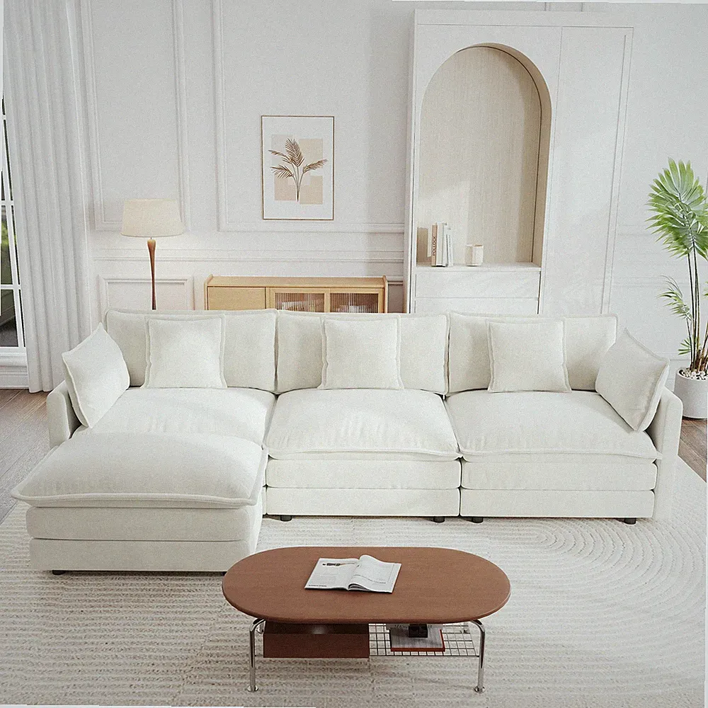 Modular Sectional Sofa w/ Reversible Ottoman in White Chenille, L Shape, 3 Seats
