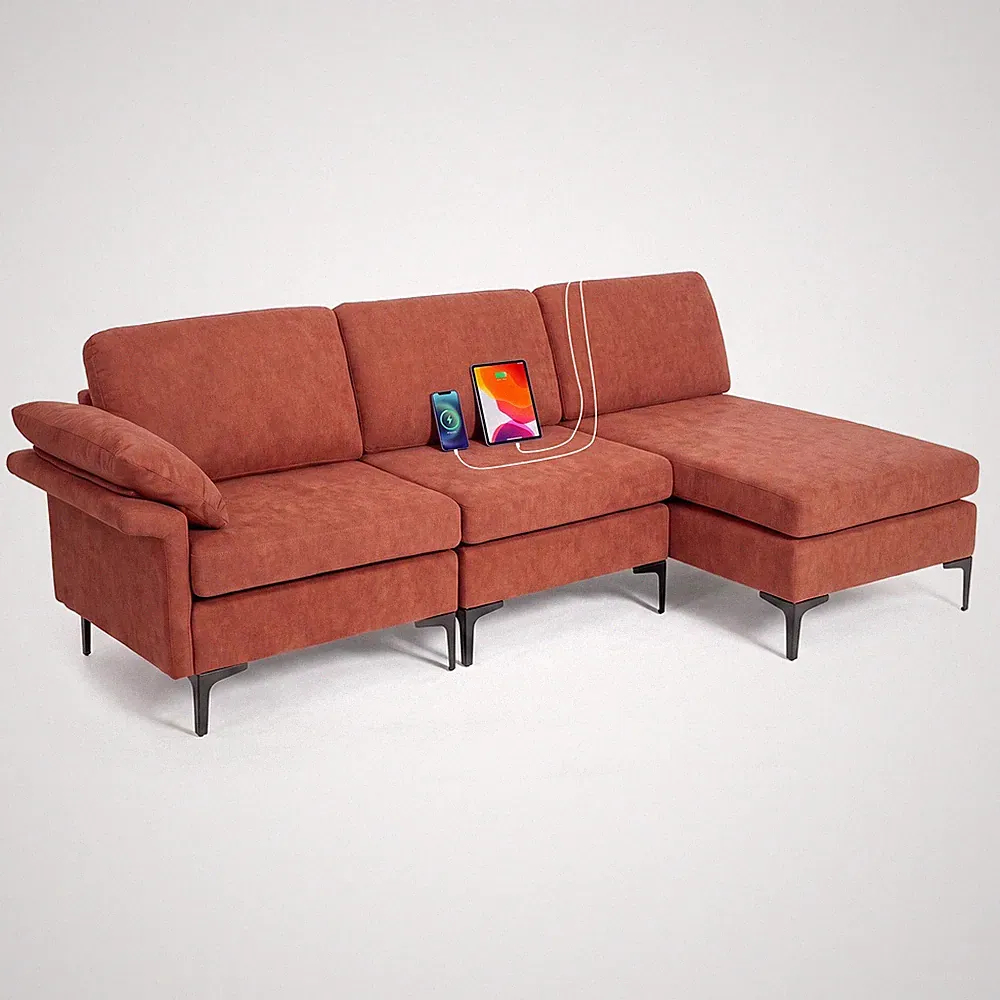 Modular Sectional Sofa w/ Storage & Charging Station, Chaise, Pillow Armrest