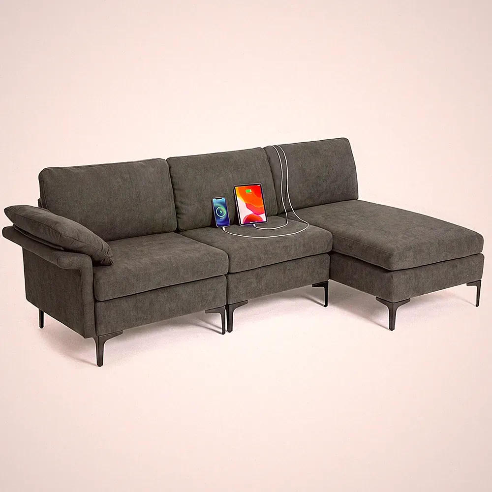 Modular Sectional Sofa w/ Storage & Charging Station, Chaise, Pillow Armrest