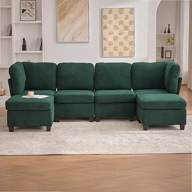 Modular Sectional Sofa w/ Storage Ottoman - Emerald Polyester Fabric