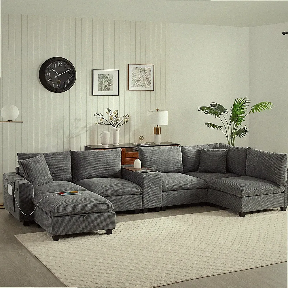 Modular Sectional Sofa w/ Storage Ottoman, USB Charging, Cup Holders, 6-Seat