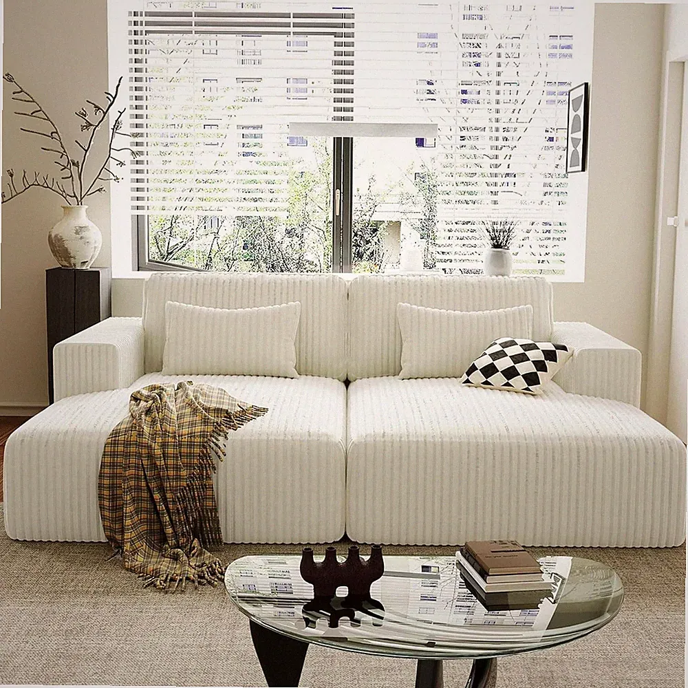 Modular Sectional Sofa White Chenille Ribbed Modern Low Profile Removable Covers