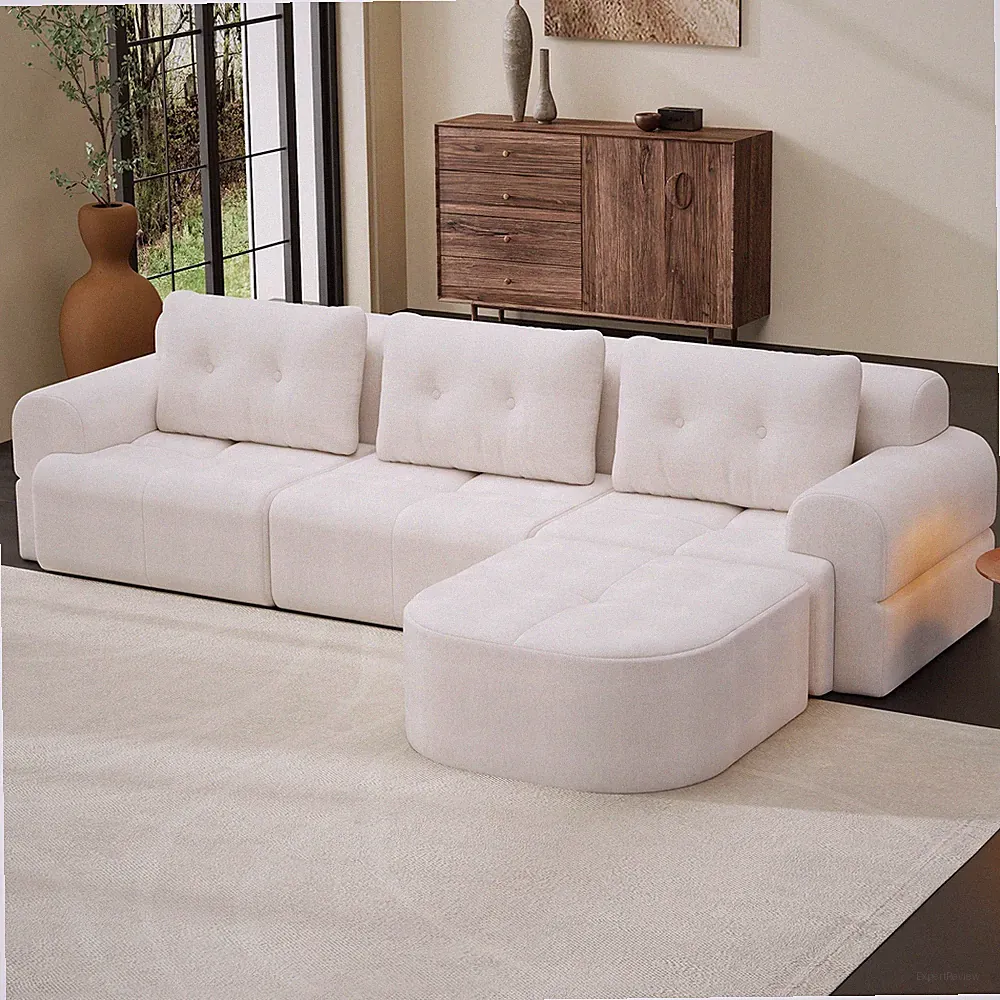 Modular Sectional Sofa with Chaise, Full-Foam, Chenille Fabric, Beige