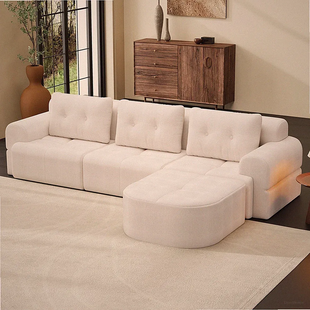 Modular Sectional Sofa with Chaise, Full-Foam, Woven Fabric, Beige