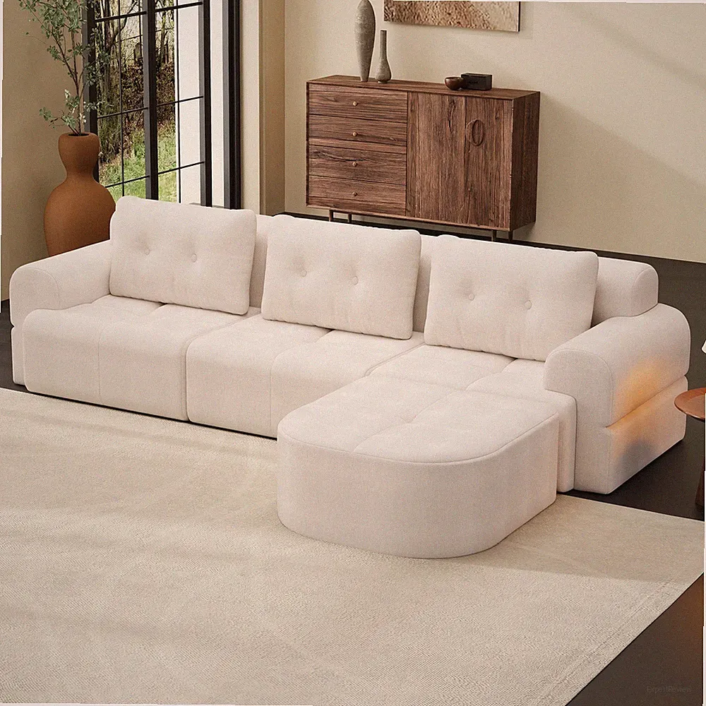 Modular Sectional Sofa with Chaise, Full-Foam, Woven Fabric, Beige