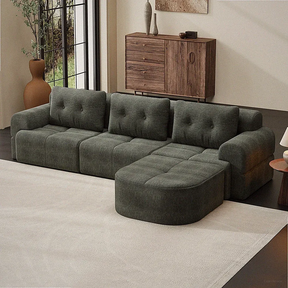 Modular Sectional Sofa with Chaise, Full-Foam, Woven Fabric, Blackish Green