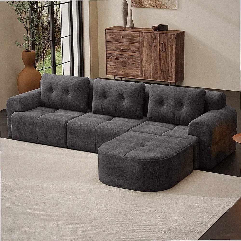 Modular Sectional Sofa with Chaise, Full-Foam, Woven Fabric, Dark Grey