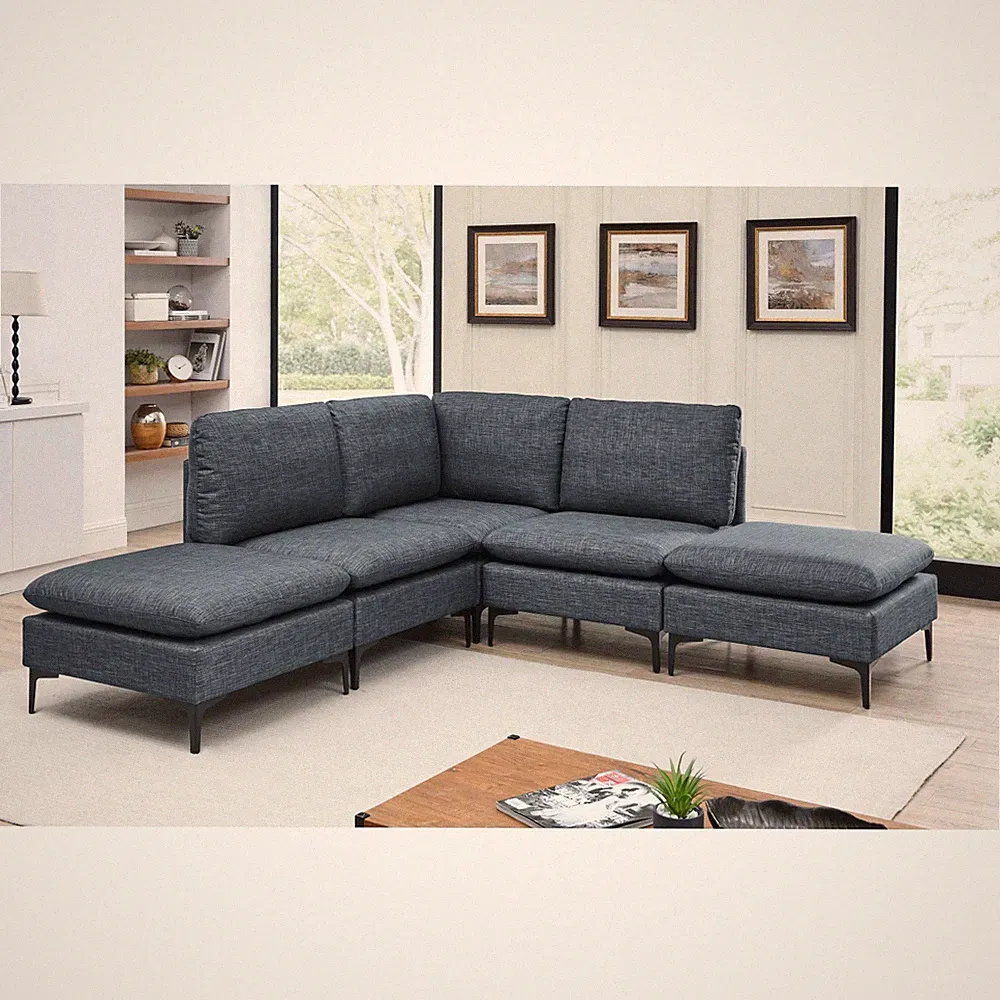 Modular Sectional Sofa with Linen Upholstery and Metal Legs - Dark Blue