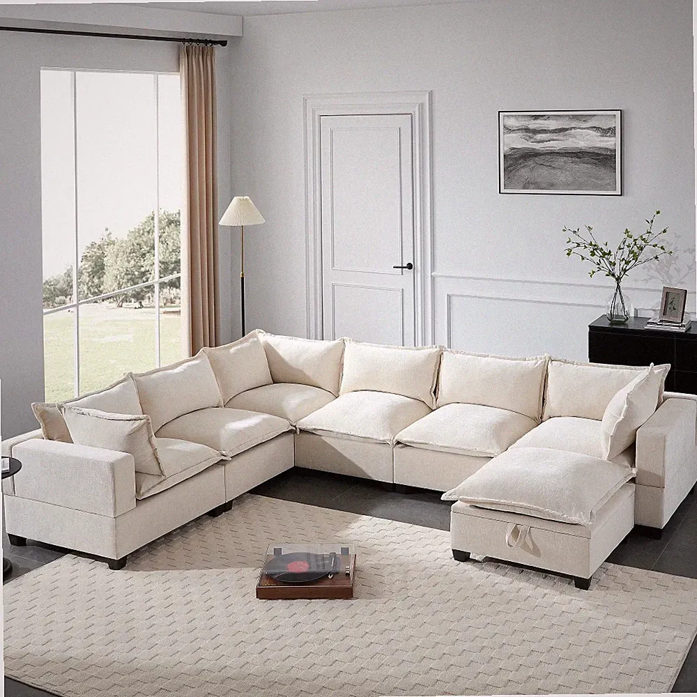 Modular Sectional Sofa with Ottoman, 7-Seat U-Shape Chenille Couch