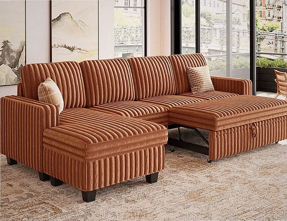 Modular Sectional Sofa with Storage Chaise Corduroy Sleeper Sofa with Pull Out B