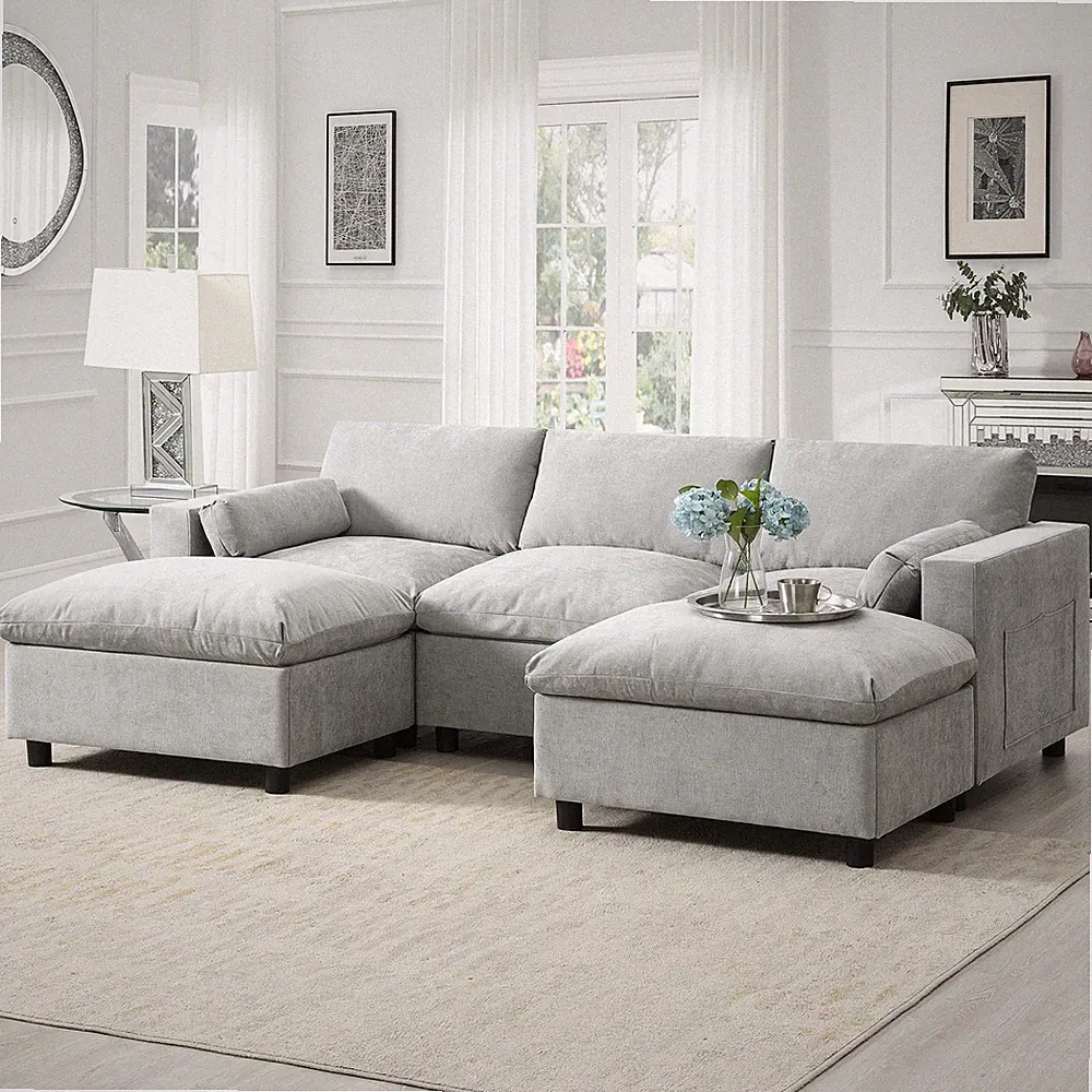 Modular Sectional Sofa with Storage Pockets 5-Seat U-Shaped Chenille Couch Grey