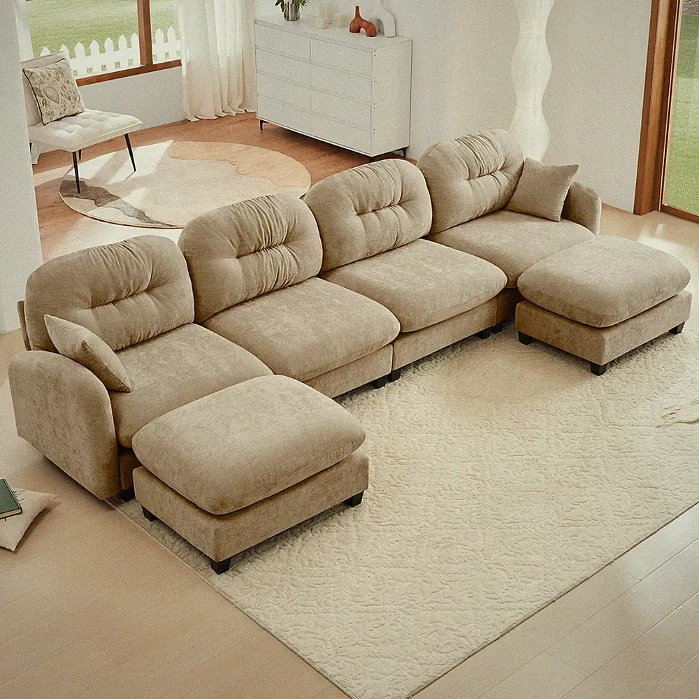 Modular Sectional U Shaped Couch With Ottoman,Soft Chenille Fabric,Quilted Pleat