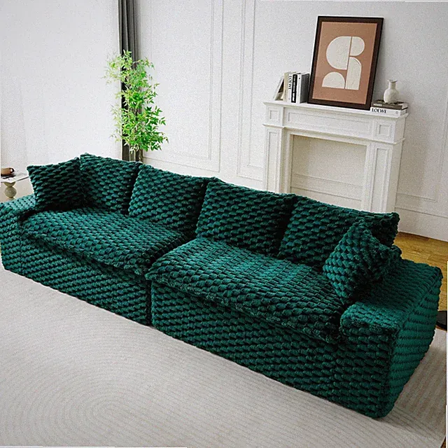 Modular Sectional w 4 Seats, Green Turtle Velvet Sofa, Flexible Arrangement
