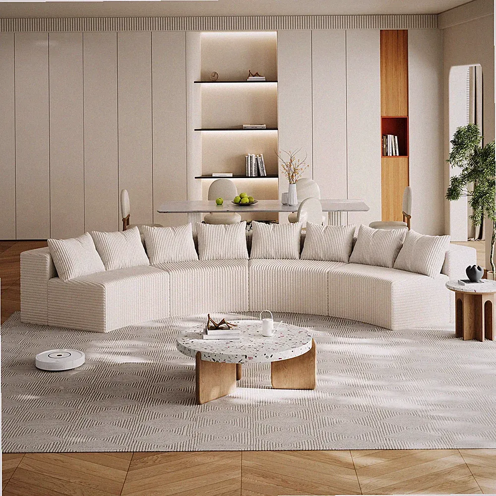 Modular Semi Circular Curved Corduroy Sectional Sofa with 8 Pillows Beige