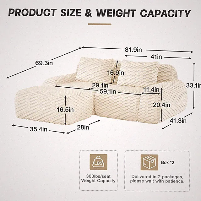 Modular Sofa 2 Seater Sofa Deep Seat Boneless Sofa Couch with Movable Ottoman