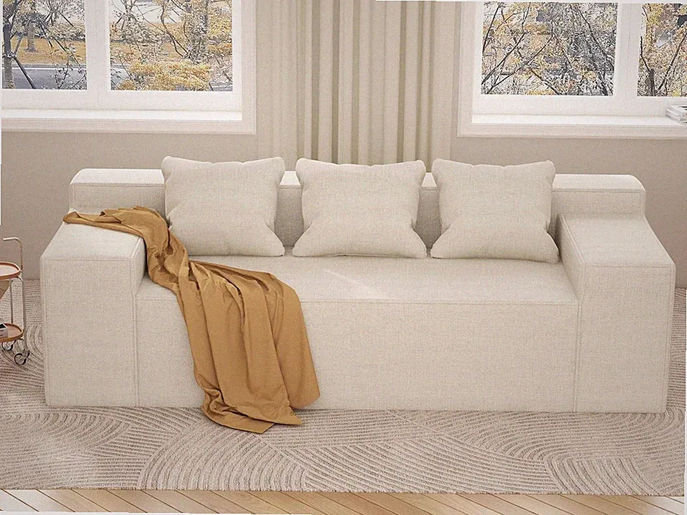 Modular Sofa 3-Seater Cream Linen Sofa in a Box Modern Sectional Couch Pillows