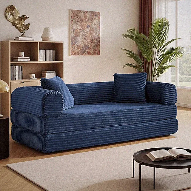 Modular Sofa Bed Futon Navy Blue Corduroy Convertible 3-Piece No Assembly Needed