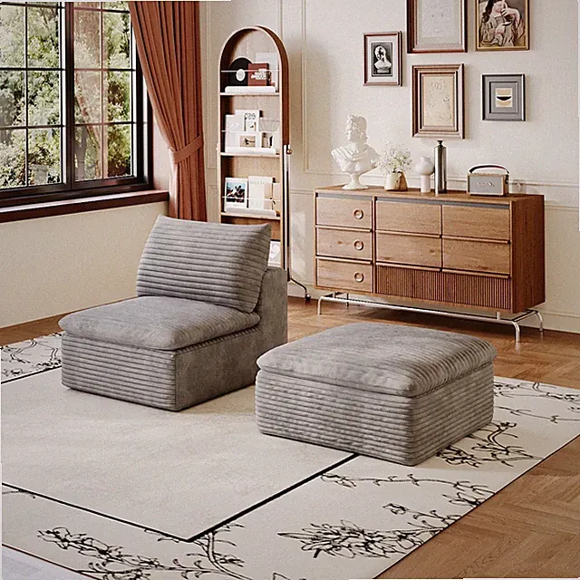 Modular Sofa Sectional, 2 Seat + Ottoman, Grey, 59.1" L x 35.5" W x 23.6" H