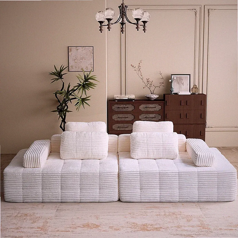 Modular Sofa Sectional 3-Seat Ivory Plush Corduroy Tufted Low Profile Sofa