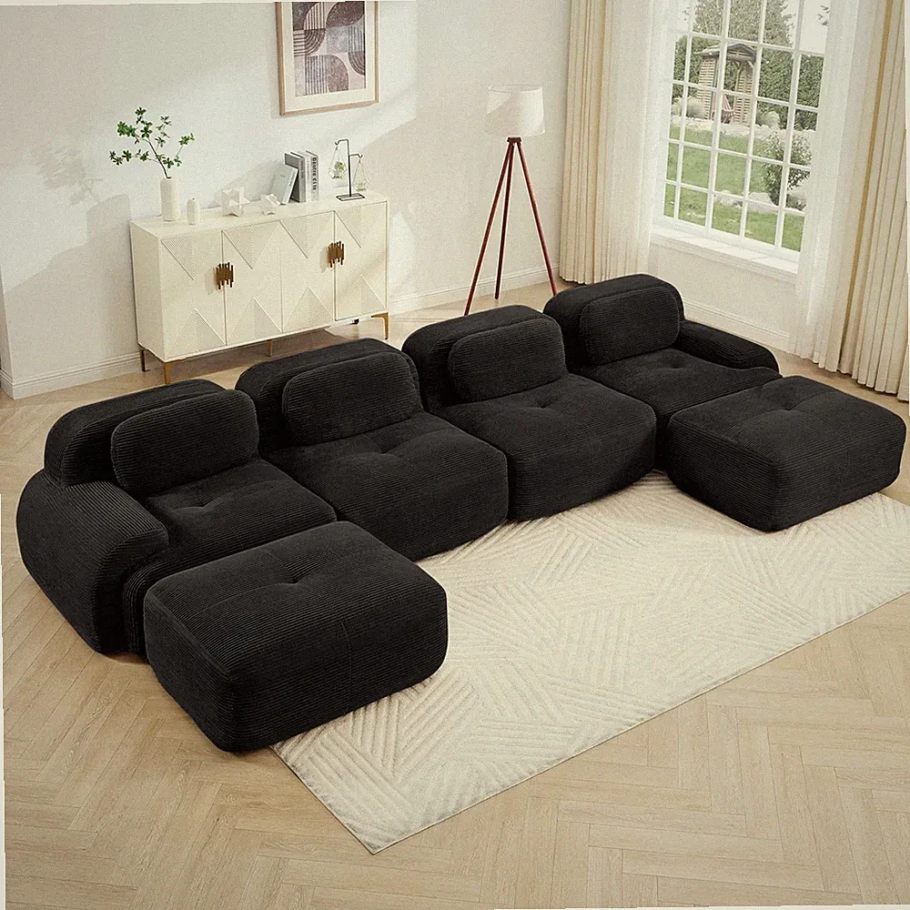 Modular Sofa Sectional 4-Seat Curved Armrest Corduroy, Black, No Assembly