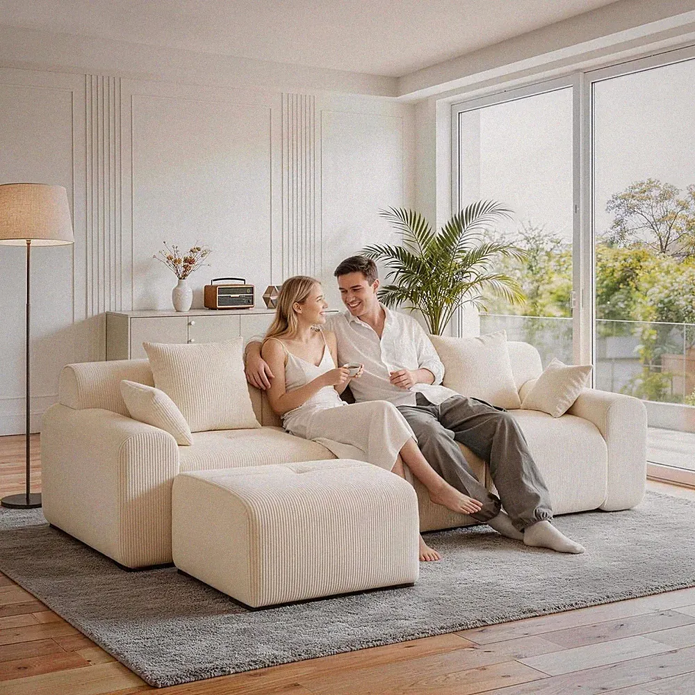 Modular Sofa Sectional Beige Corduroy 3-Piece Couch Ottoman Removable Covers