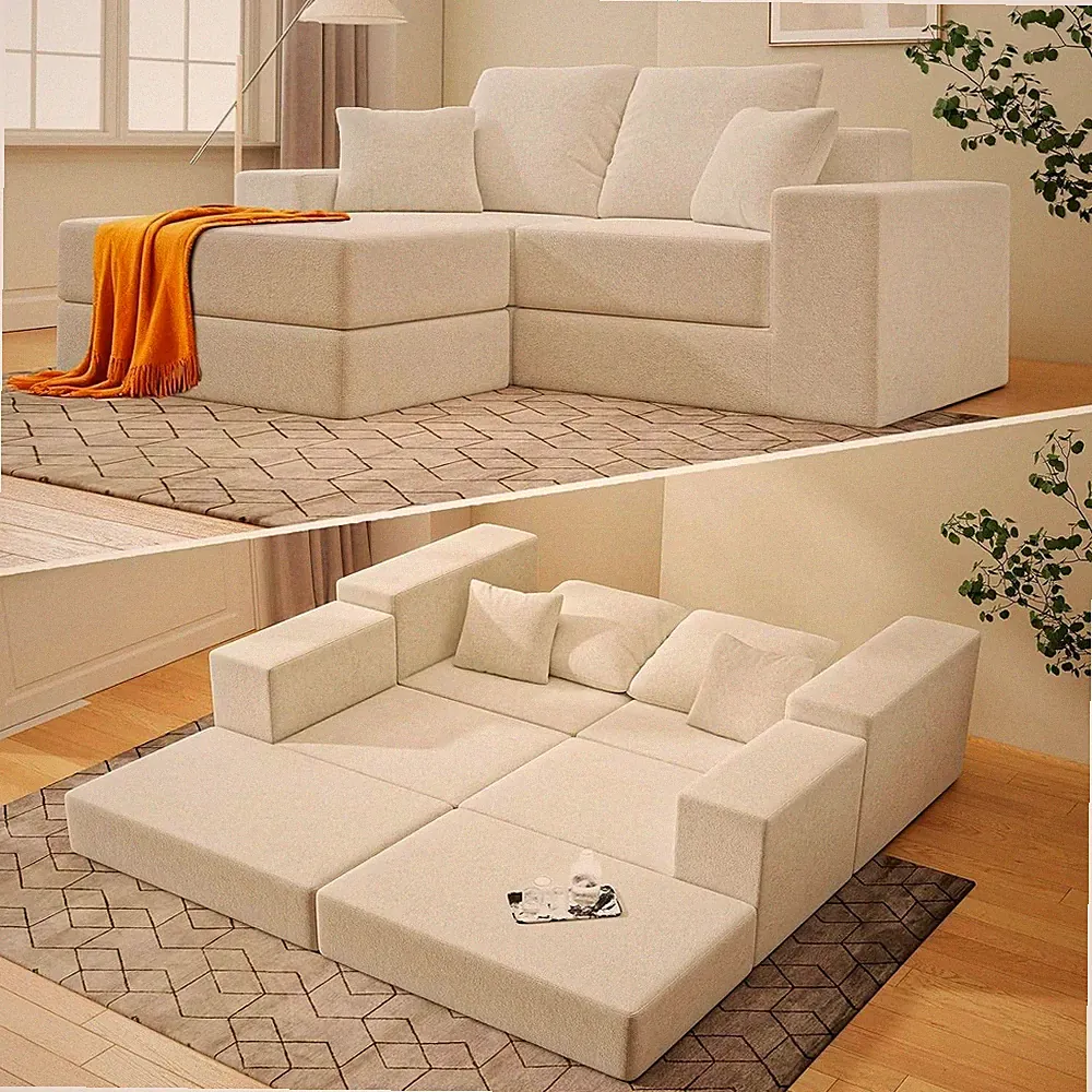 Modular Sofa Sectional Convertible 3PC Cream Chaise Couch Ottoman Premium Fabric