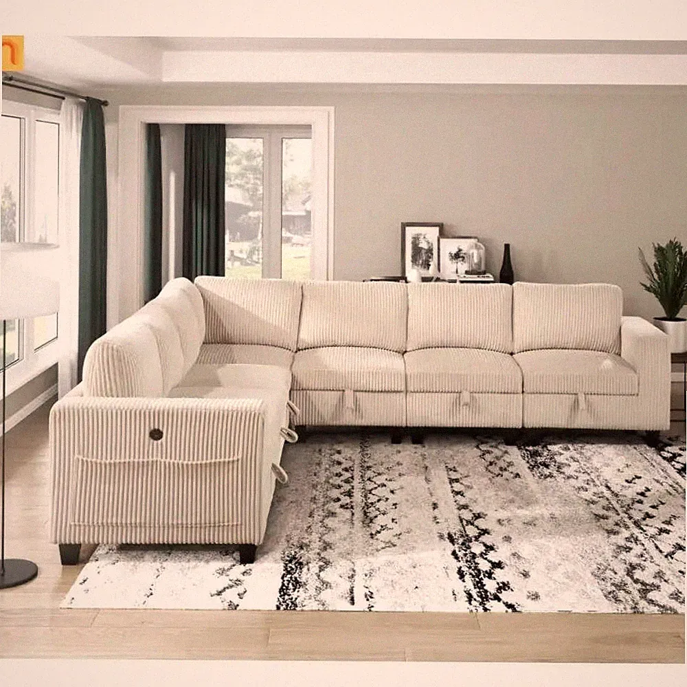 Modular Solid Wood Sectional Sofa with Storage Beige 112"