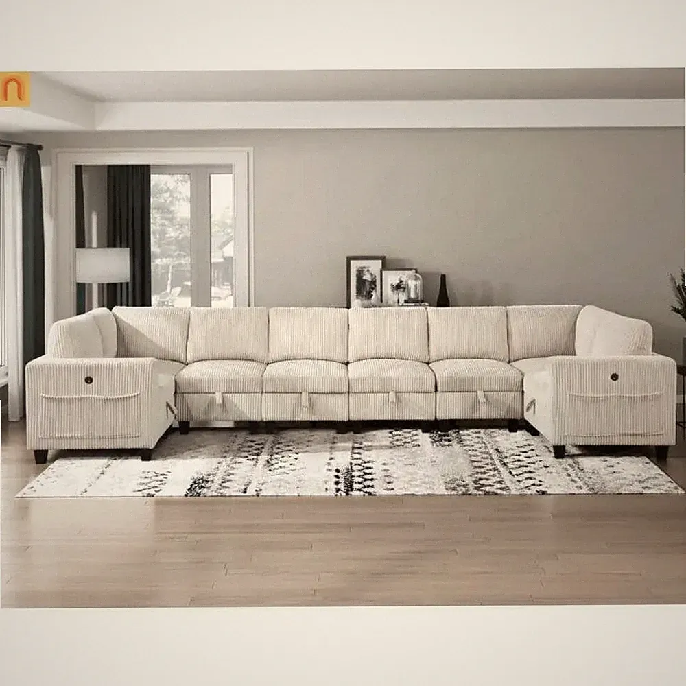 Modular Solid Wood Sectional Sofa with Storage Beige 163"