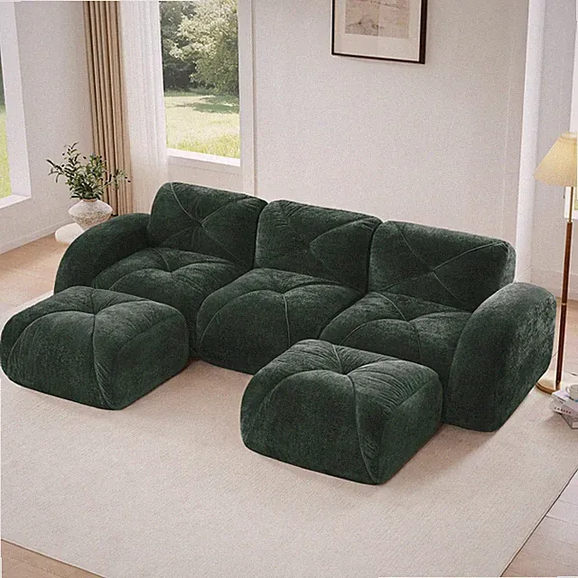 Modular Tufted Velvet Cloud Couch Sofa w/ Ottoman, 3-Seat Sectional, Green