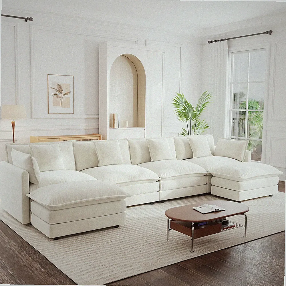 Modular U-Shape Sectional Sofa w/ Reversible Chaise, 4 Seats & 2 Ottomans, White