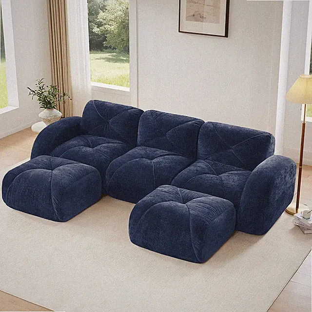 Modular U-Shaped Boneless Sectional Sofa with Tufted Velvet Fabric Blue