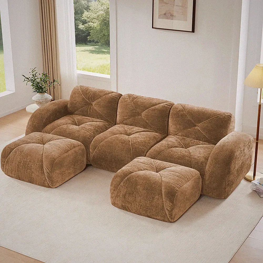 Modular U-Shaped Boneless Sectional Sofa with Tufted Velvet Fabric Camel