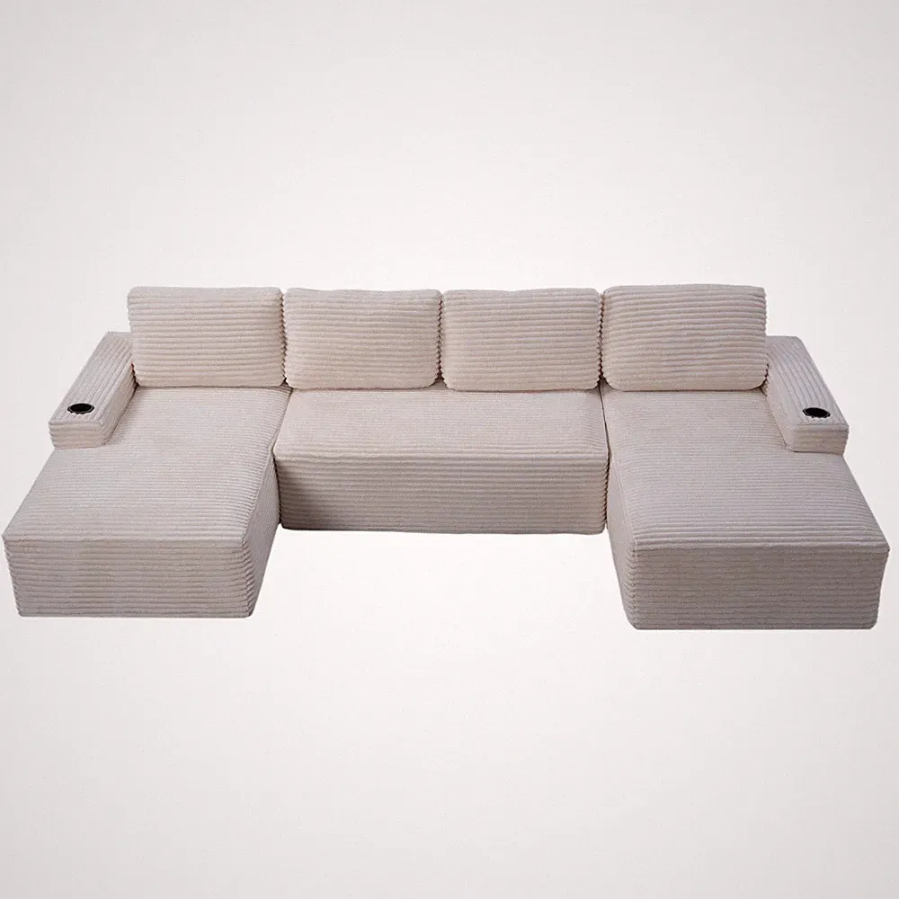 Modular U-Shaped Corduroy Cloud Couch Sectional Sofa w/ Storage Cream
