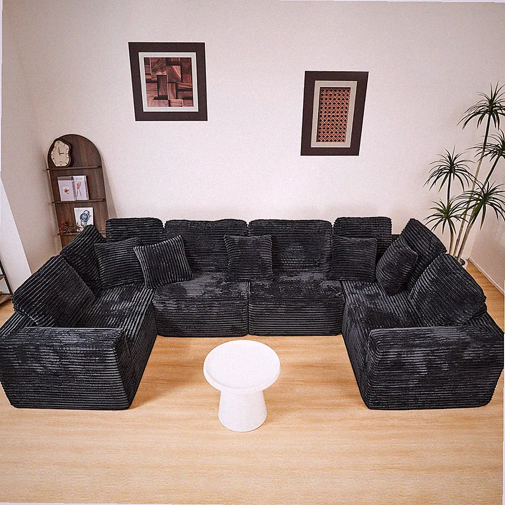 Modular U-Shaped Sectional Sofa, 6-Seater Chaise Lounge, Black Striped Corduroy