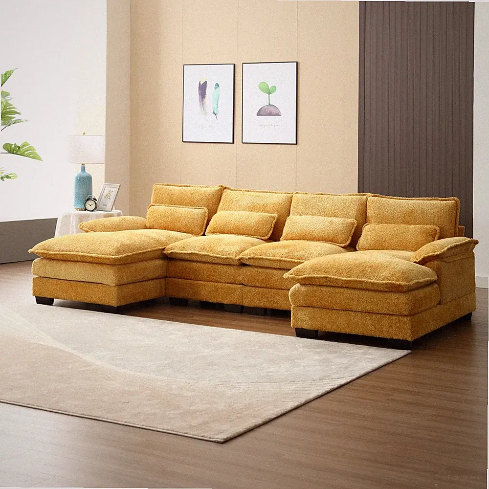 Modular U-Shaped Sectional Sofa, Boucle Fabric Mustard Yellow, w/ Ottoman