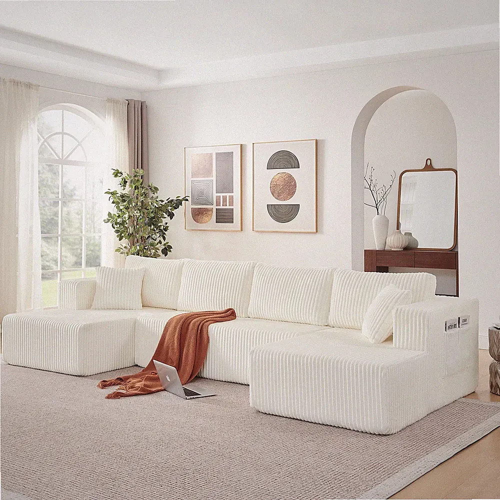 Modular U Shaped Sectional Sofa Comfy Cloud Couch Corduroy 132 Inch Beige
