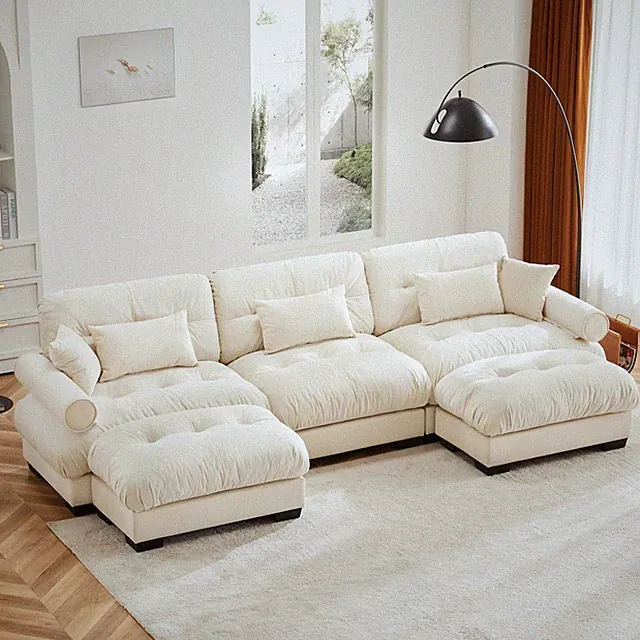 Modular Velvet L-Shape Sofa w/ Ottomans, Cream