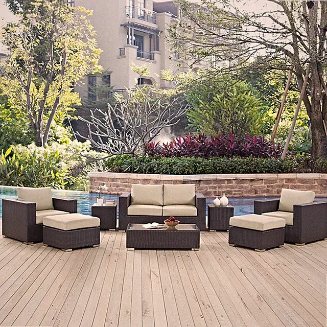Modway 8PC Wicker Rattan Cushioned Outdoor Patio Sofa Set in Espresso Beige
