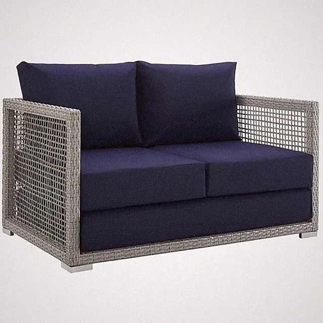 Modway Aura Modern Rattan & Fabric Outdoor Patio Loveseat in Gray and Navy