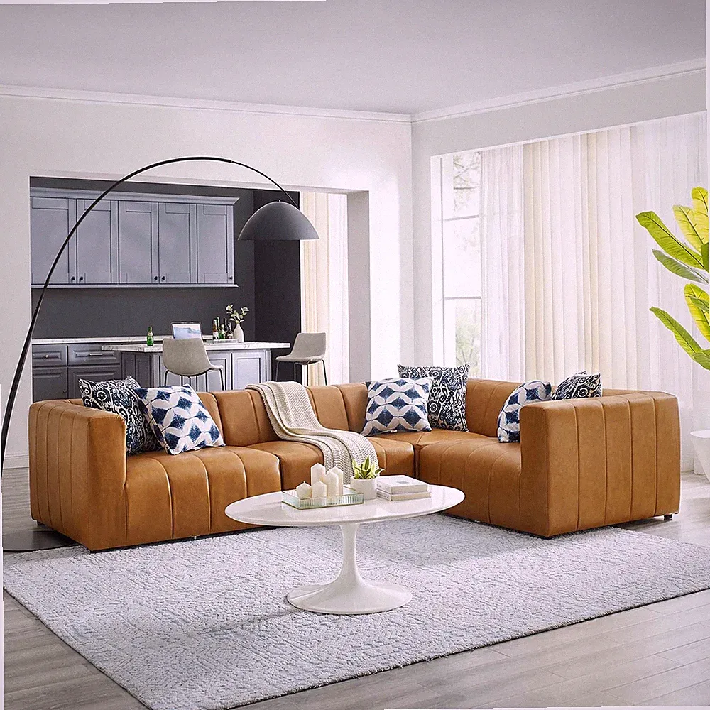 Modway Bartlett Channel Tufted Vegan Leather 4-Piece Sectional Sofa in Tan