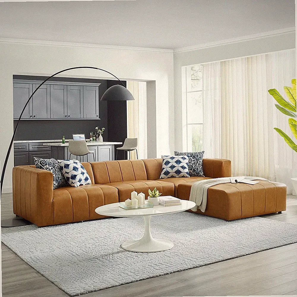 Modway Bartlett Channel Tufted Vegan Leather 4-Piece Sectional Sofa in Tan