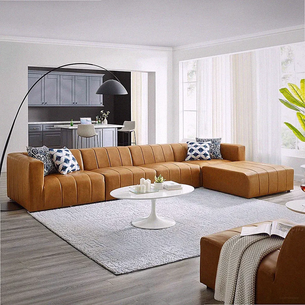 Modway Bartlett Channel Tufted Vegan Leather 5-Piece Sectional Sofa in Tan