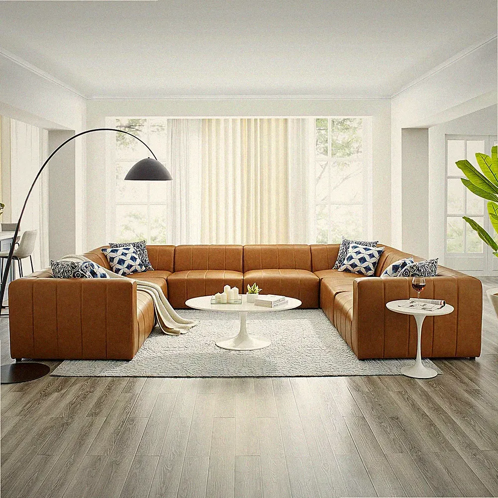 Modway Bartlett Channel Tufted Vegan Leather 8-Piece Sectional Sofa in Tan