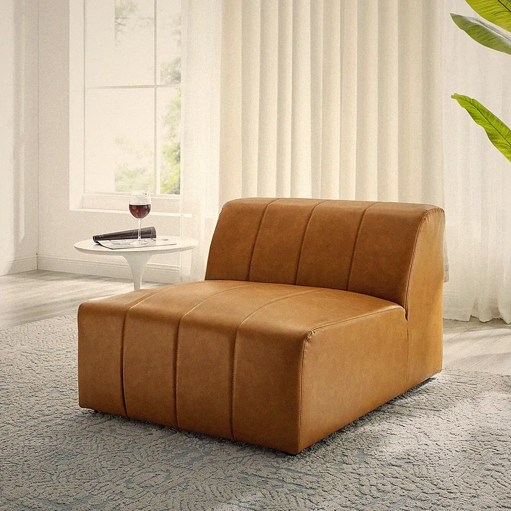 Modway Bartlett Channel Tufted Vegan Leather Sectional Sofa Armless Chair in Tan