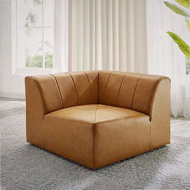 Modway Bartlett Channel Tufted Vegan Leather Sectional Sofa Corner Chair in Tan