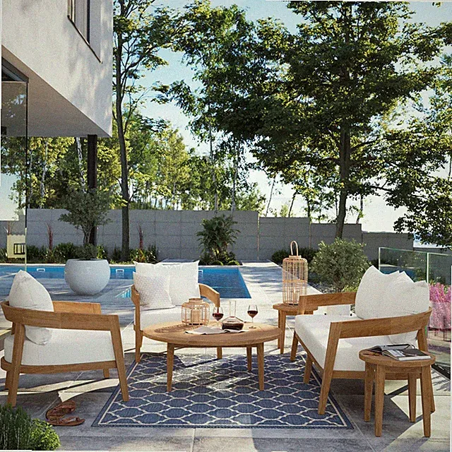 Modway Brisbane Outdoor Patio Teak Wood 6-Piece Furniture Set in Natural White